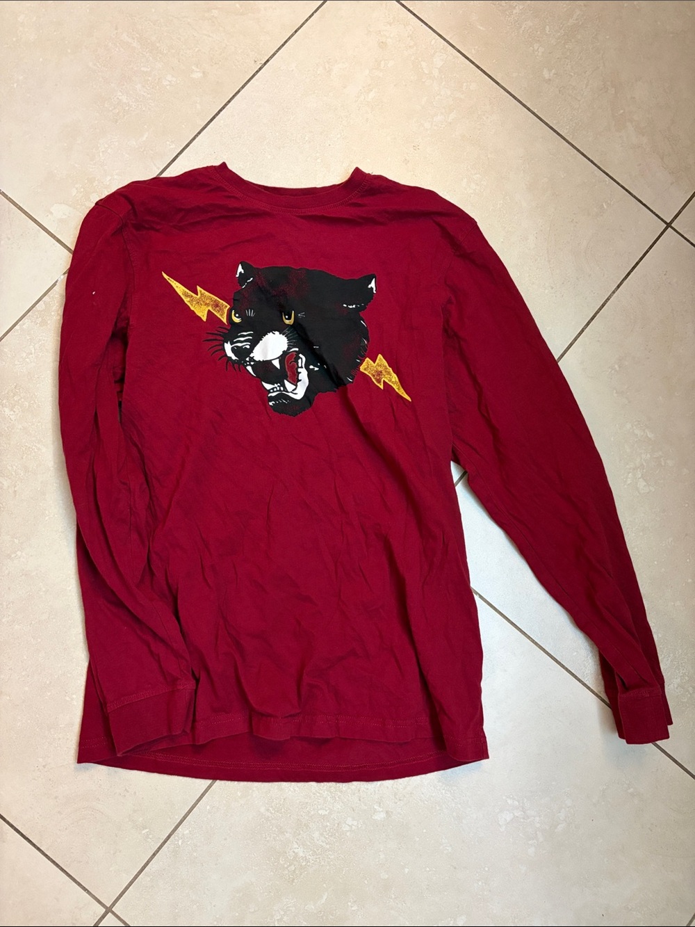 Red Long Sleeve Tee with Panther & Lightning Graphic